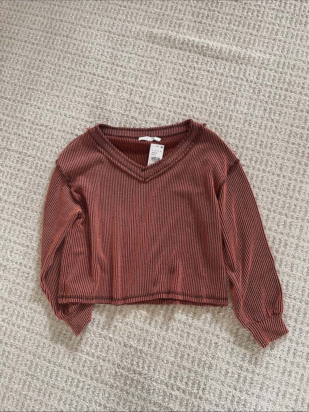 LUSH NWT Women's V-Neck Ribbed Sweater - Rust